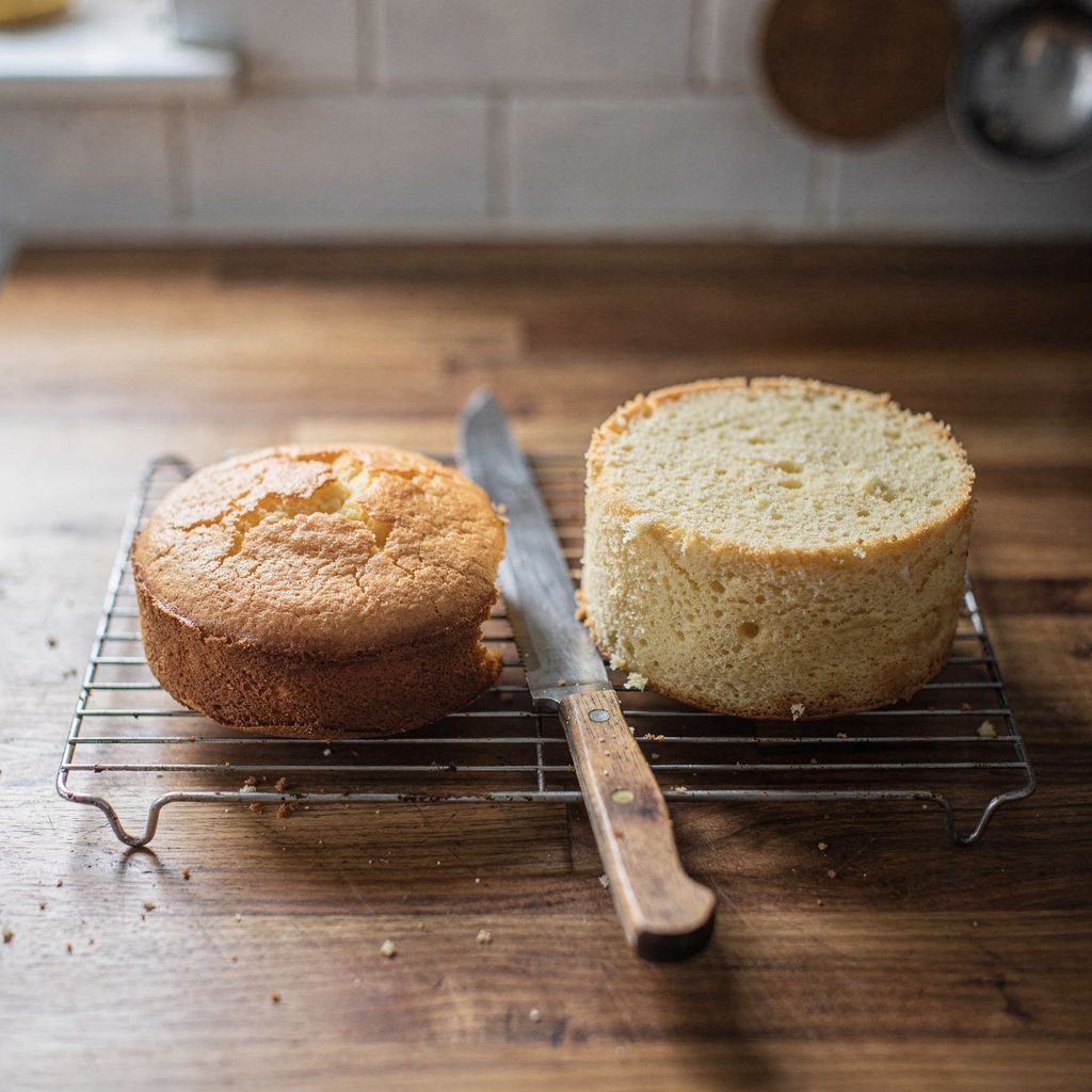 A round sponge cake layer with a pronounced domed top cooling on a wire rack, next to a second perfectly flat cake layer, a serrated knife resting between them, centered on a wooden counter with calm empty space around.