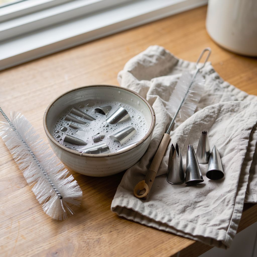 A small bowl of soapy water with several stainless steel piping tips soaking in it, a thin bottle brush beside it and a few clean dry tips standing upright on a folded kitchen towel, centred on a wooden counter.