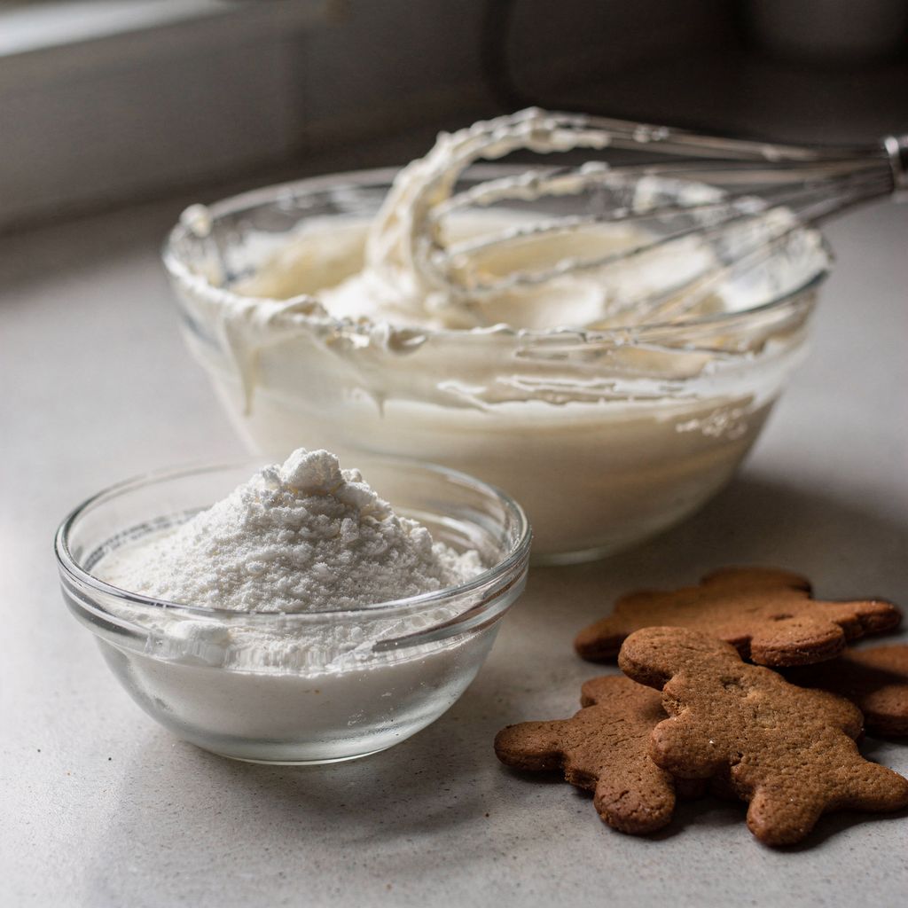 A small glass bowl of fine white egg white powder next to a mixing bowl of glossy stiff white icing with a whisk resting on its rim, a few undecorated gingerbread cookies on the counter beside them.