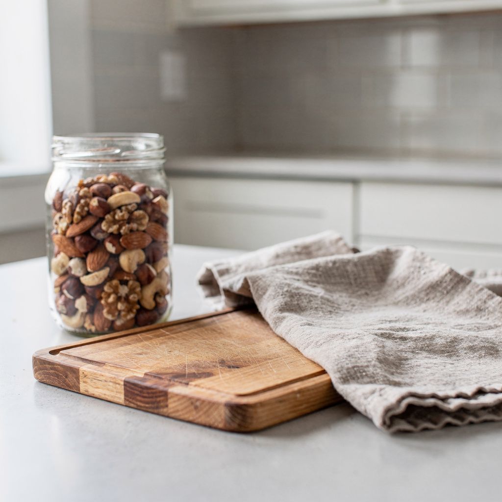 A tidy home kitchen counter with a sealed glass jar of mixed whole nuts pushed to one side, a clean wooden chopping board and a folded linen tea towel beside it, centred in a square frame with calm empty space around the objects.
