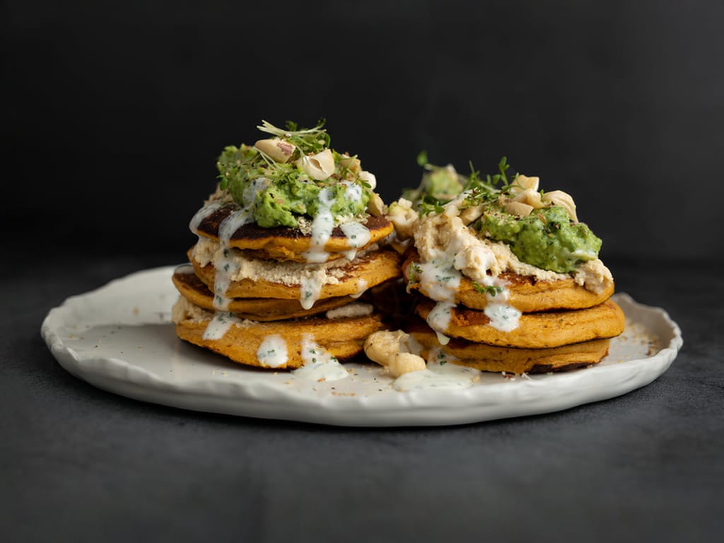 Sweet Potato Pancakes with Avocado Mash and Cashew Cream