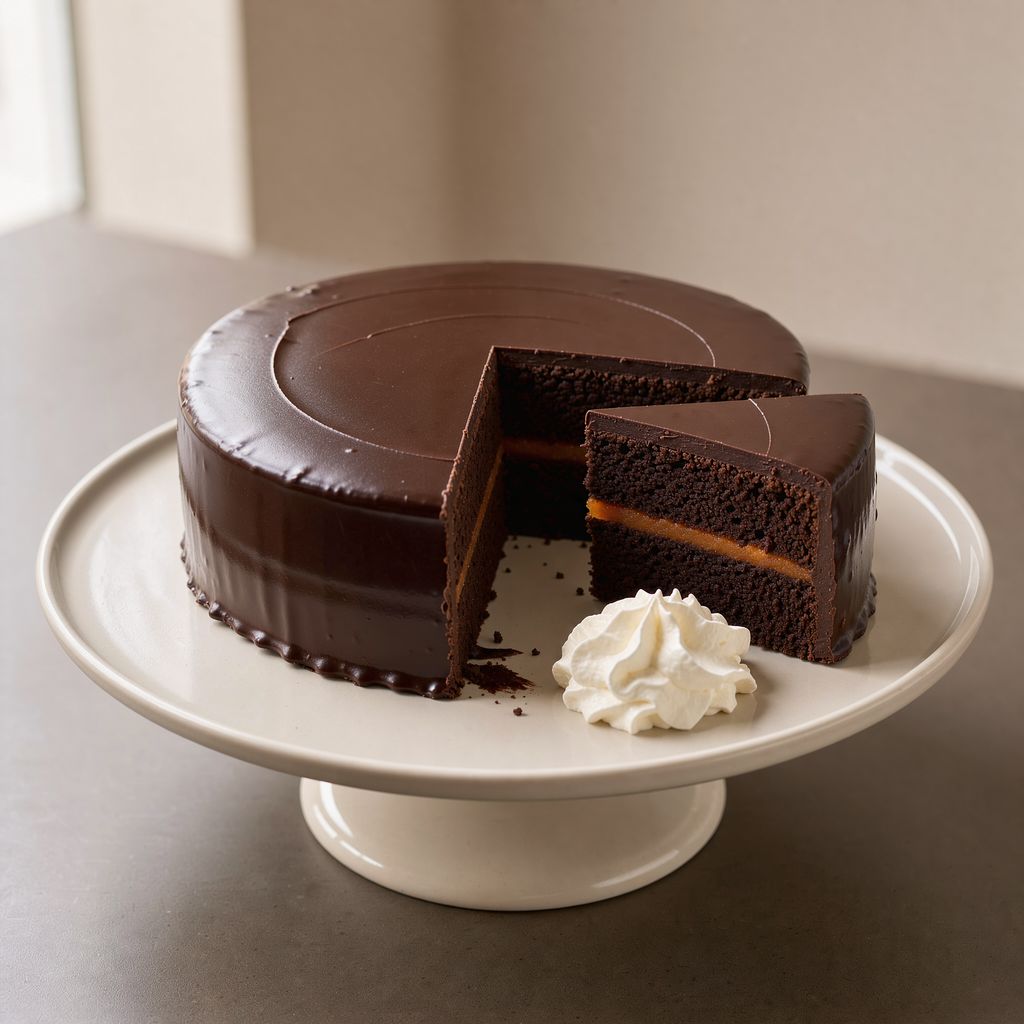 A round dark chocolate Sachertorte with a smooth glossy glaze on a plain cake stand, one slice cut out to show the dark sponge and a thin orange apricot layer, a spoonful of whipped cream beside it.