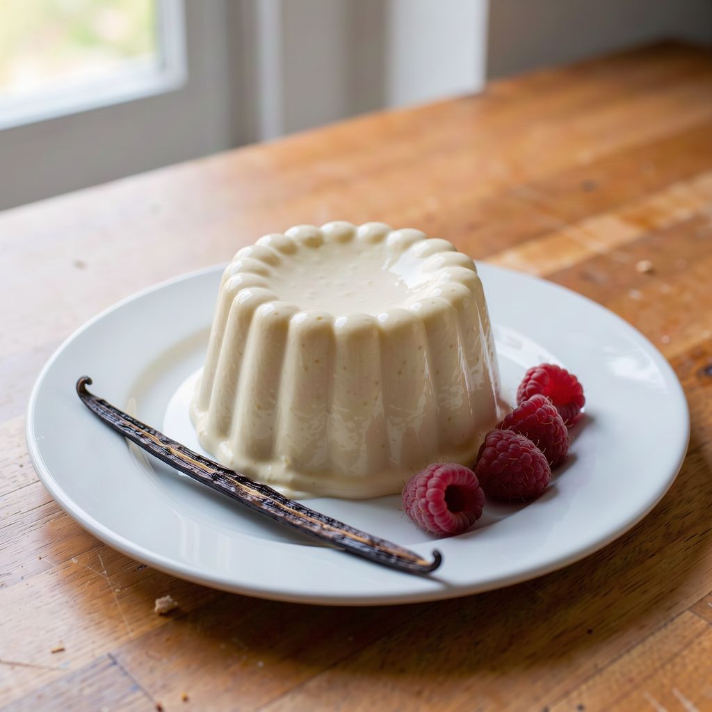 A pale vanilla Bavarian cream unmolded from a fluted mould onto a white plate, glossy and holding its shape, with a split vanilla pod and a few raspberries beside it on a wooden counter.