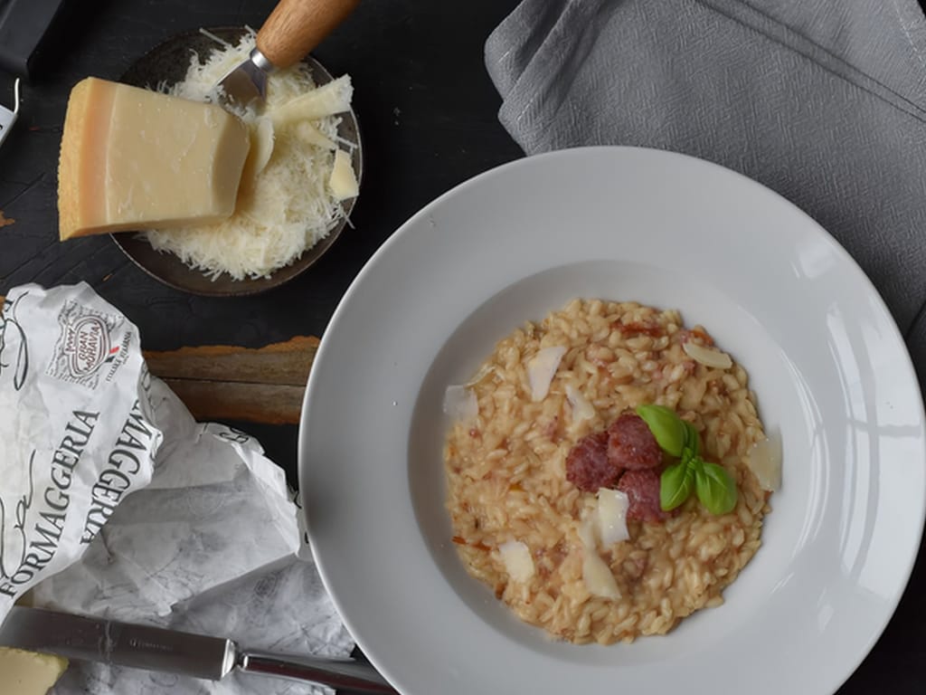 Italské risotto se salsicciou a sýrem gran moravia