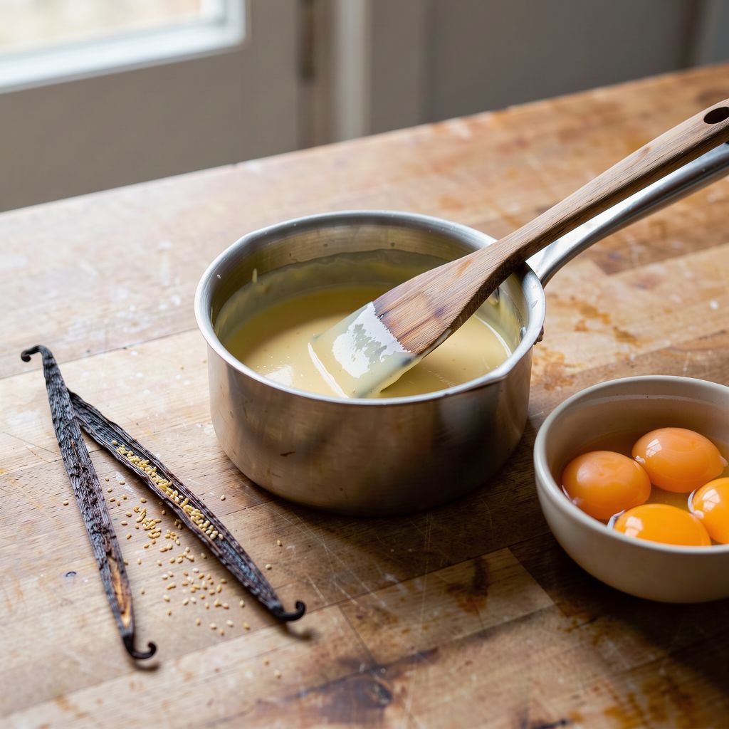 A small saucepan of pale yellow vanilla custard sauce with a wooden spatula resting across it, a split vanilla pod and a bowl of egg yolks beside it on a wooden counter, centred with calm space around.