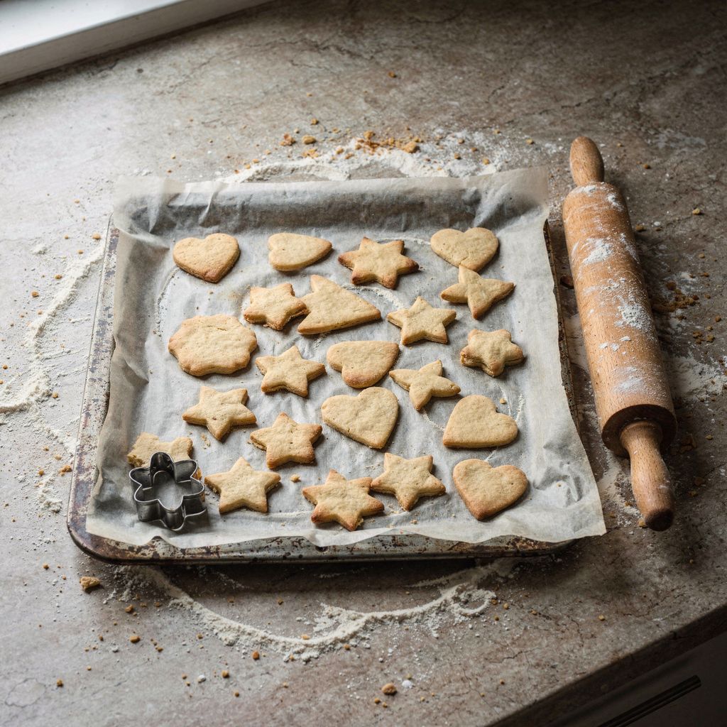 A tray of cut-out star and heart cookies cooling on parchment paper beside a small stack of metal cookie cutters and a wooden rolling pin on a floured counter, arranged in the centre with calm empty space around it.