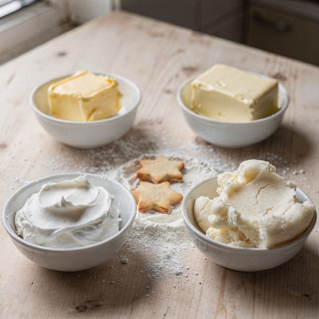 Four small white bowls arranged in a square on a pale wooden counter, holding a golden cube of butter, a pale block of margarine, smooth white shortening and soft white lard, with a light dusting of flour and two star-shaped cut-out cookies in the centre.