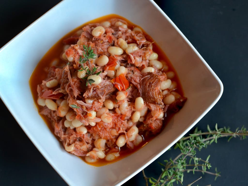 Pulled Smoked Meat with Beans and Tomatoes