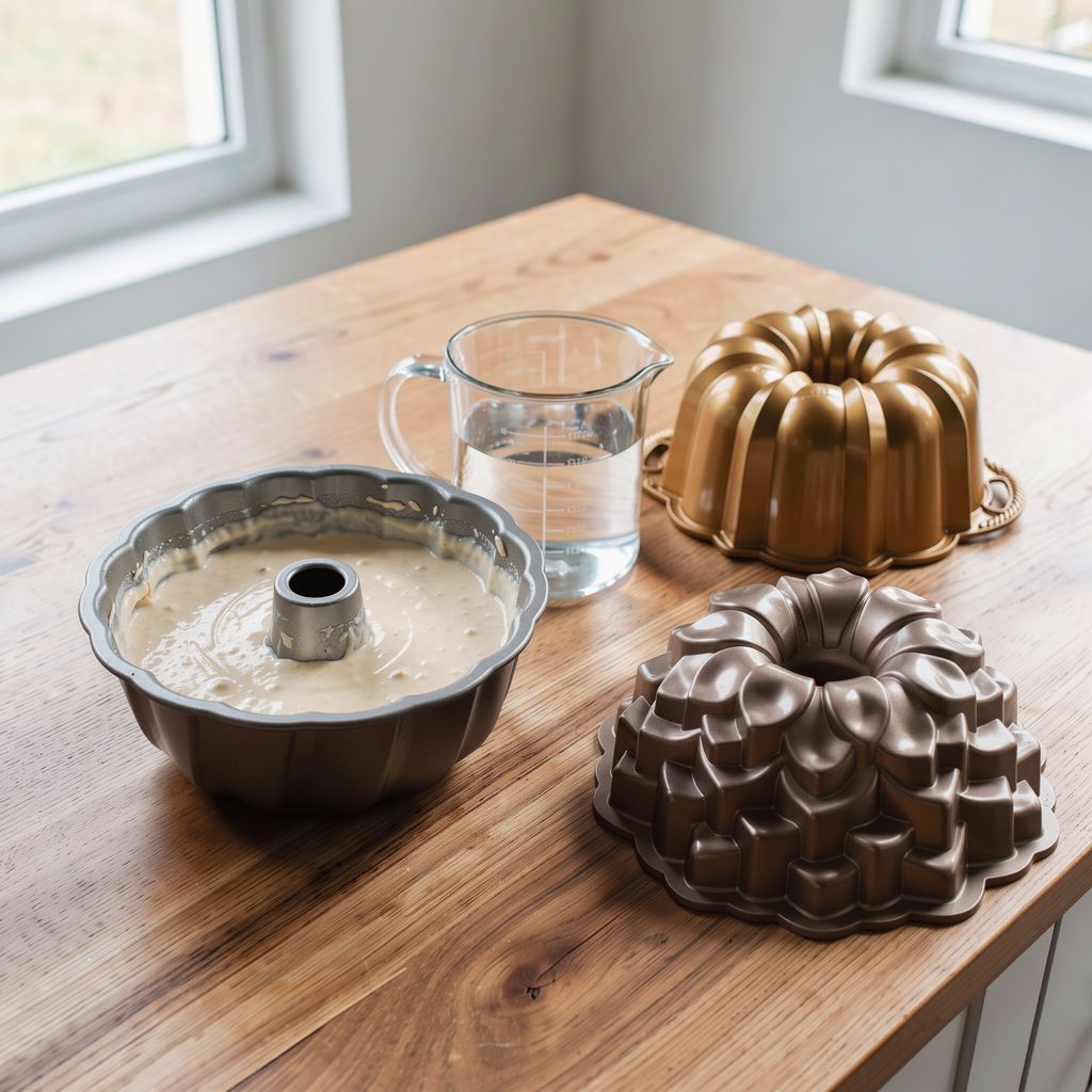 A fluted metal bundt pan sitting on a wooden counter, half filled with pale cake batter, with a glass measuring jug of water standing beside it.