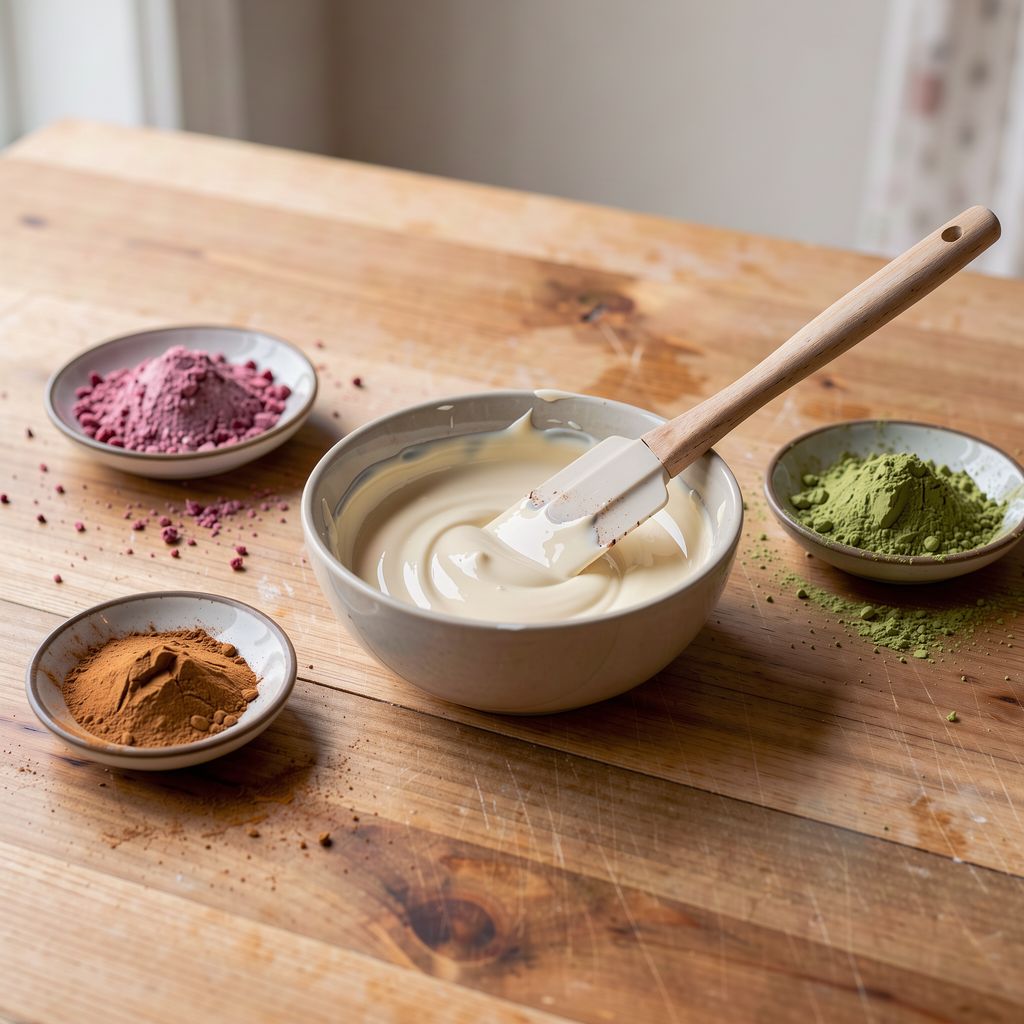 A bowl of melted white chocolate on a wooden counter, with small dishes of pink freeze-dried raspberry powder, green matcha powder and ground cinnamon arranged around it and a spatula resting on the bowl's rim.