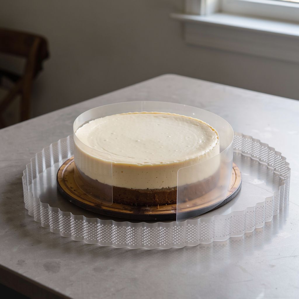 A tall no-bake cheesecake with perfectly straight, smooth sides standing on a round cake board, a clear plastic collar peeled halfway away from it, a stainless steel cake ring set down beside it.