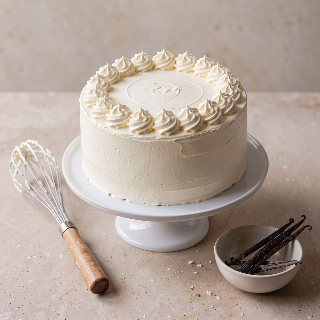 A layered round cake coated in smooth white whipped cream with neat piped swirls on top, standing on a cake stand next to a whisk and a small bowl of vanilla pods.