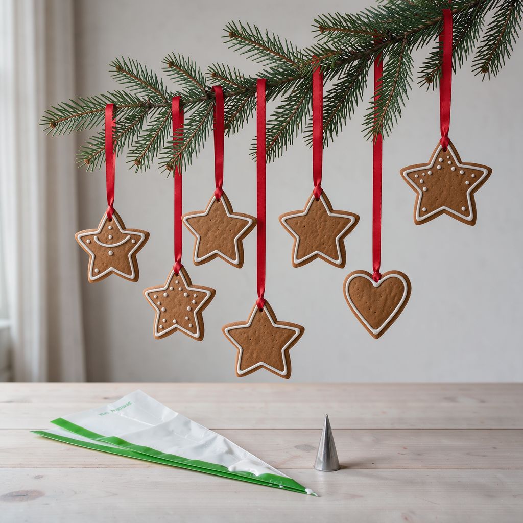 Several star- and heart-shaped decorated gingerbread cookies with white icing outlines hanging on thin red ribbons from a fir branch, centred in a square frame with calm space around them.