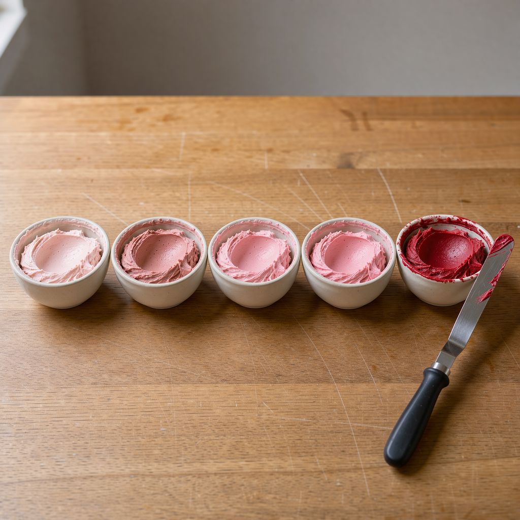Five small bowls of buttercream in a row on a wooden counter, shading from pale pastel pink through bright pink to deep ruby red, with an offset spatula resting beside the darkest bowl.