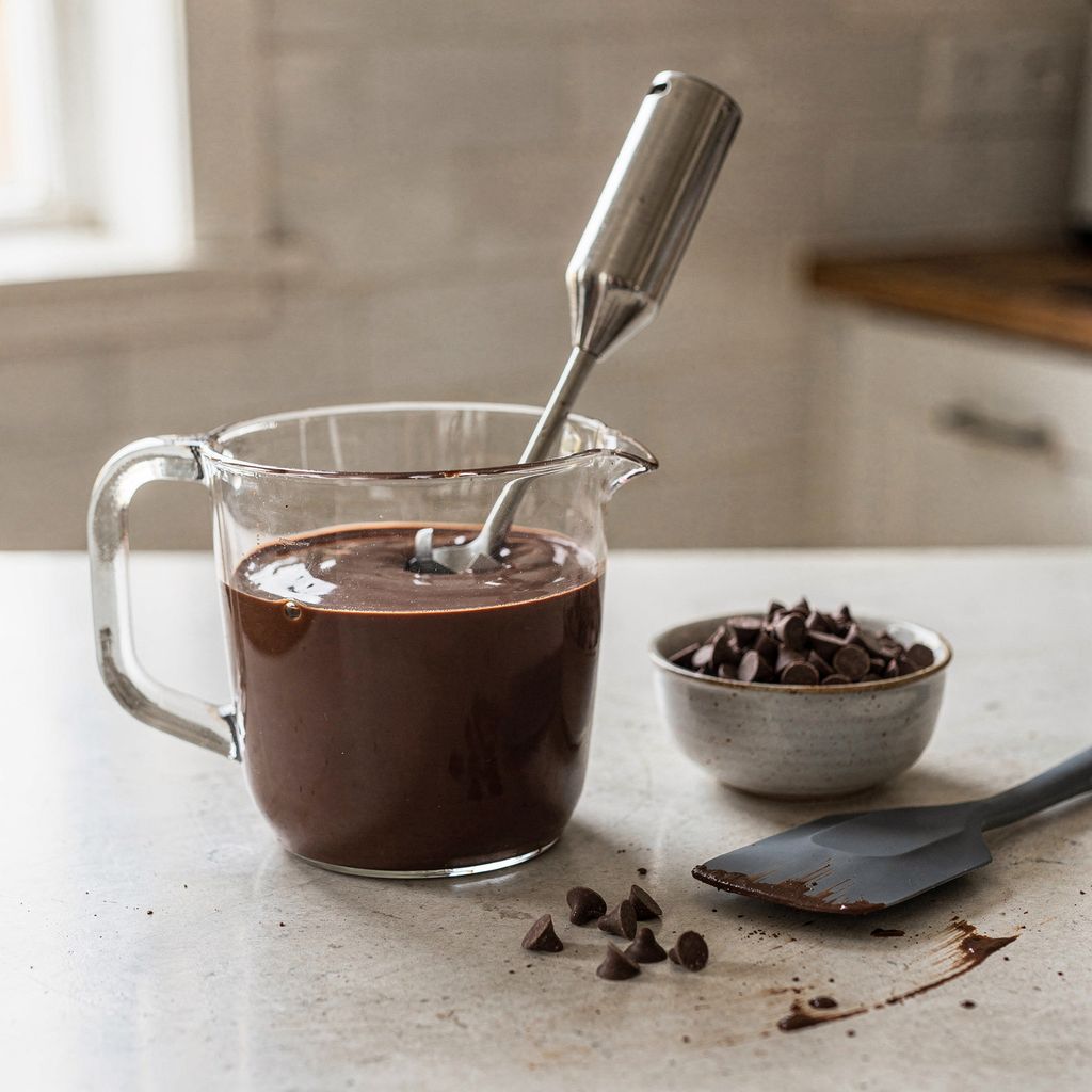 A glass measuring jug filled with smooth, glossy dark chocolate ganache with an immersion blender resting inside it, on a kitchen counter beside a small bowl of chocolate callets and a spatula.