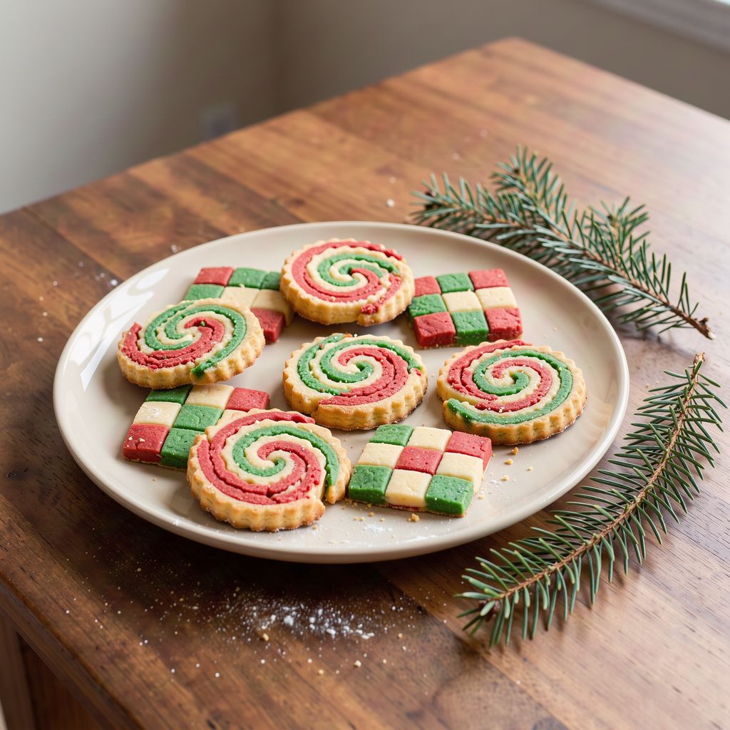 A plate of homemade Christmas cookies in vivid red, green and cream colours, including spiral cookies and small checkerboard squares, arranged in the centre of a wooden table with a sprig of fir beside them.
