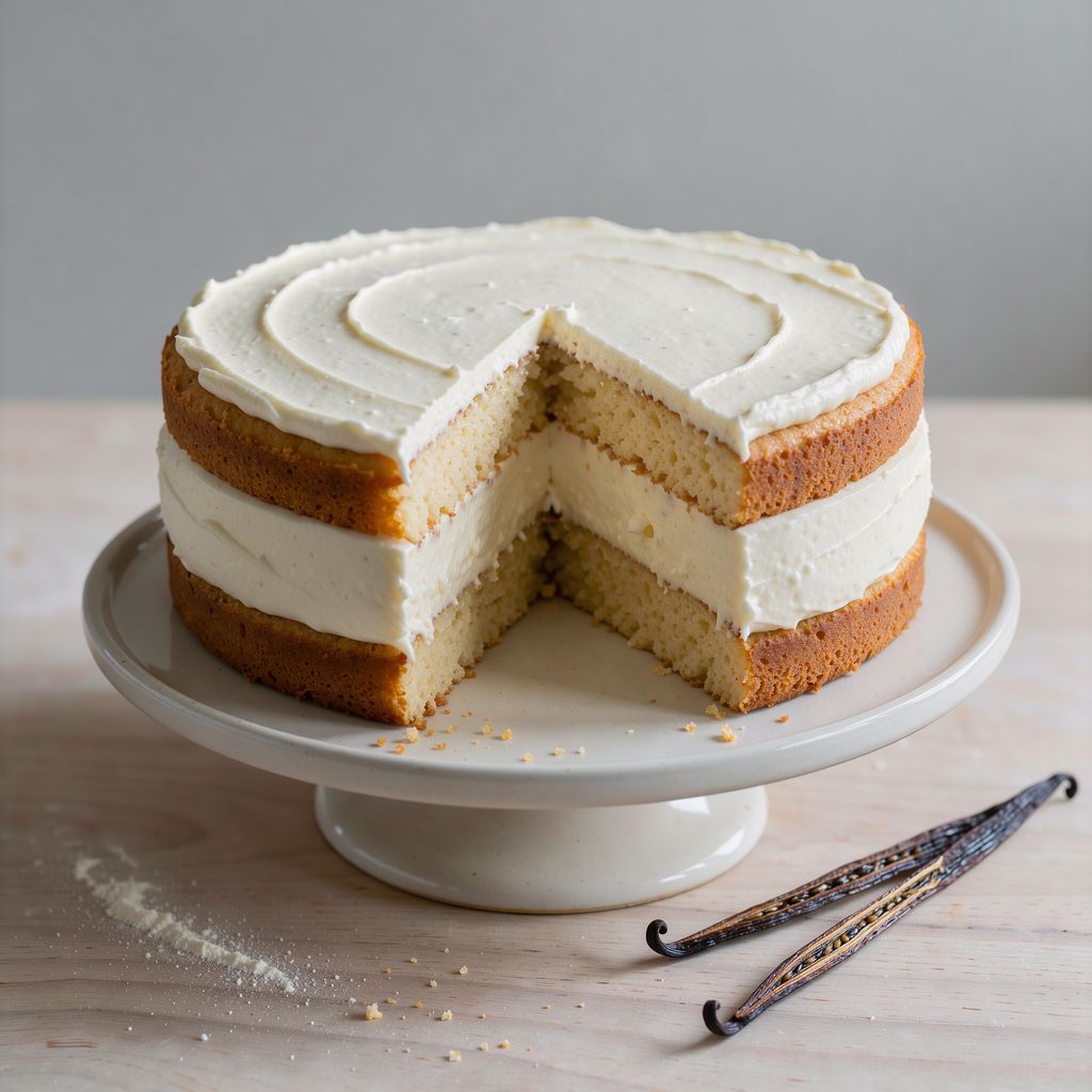 A layered round cake on a cake stand with one slice cut out, revealing a thick, smooth white quark cream layer that holds a clean straight edge between two sponge layers, a split vanilla pod lying beside the stand.