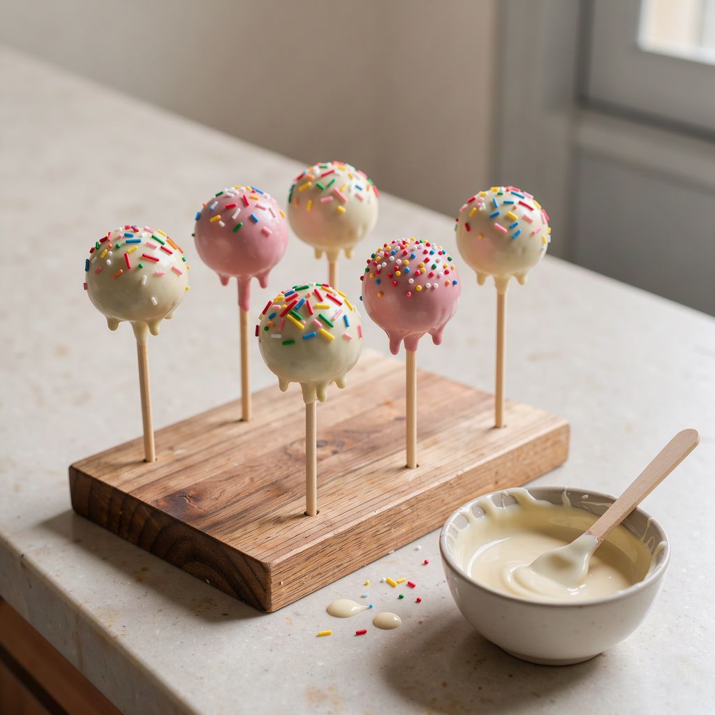 Several round cake pops coated in smooth white and pastel pink chocolate, decorated with colourful sprinkles, standing upright in a wooden block on a kitchen counter, with a small bowl of melted white chocolate beside them.