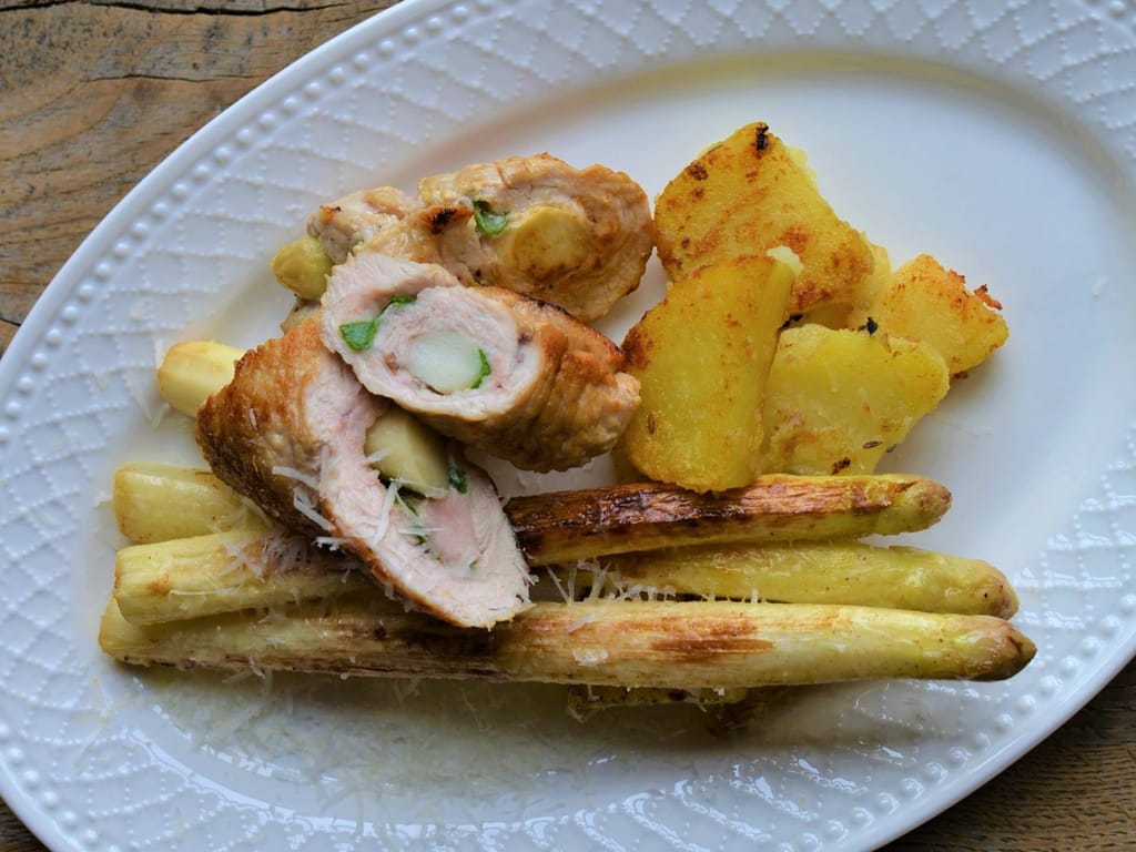 Turkey Roulade Stuffed with White Asparagus and Pan-Fried Asparagus