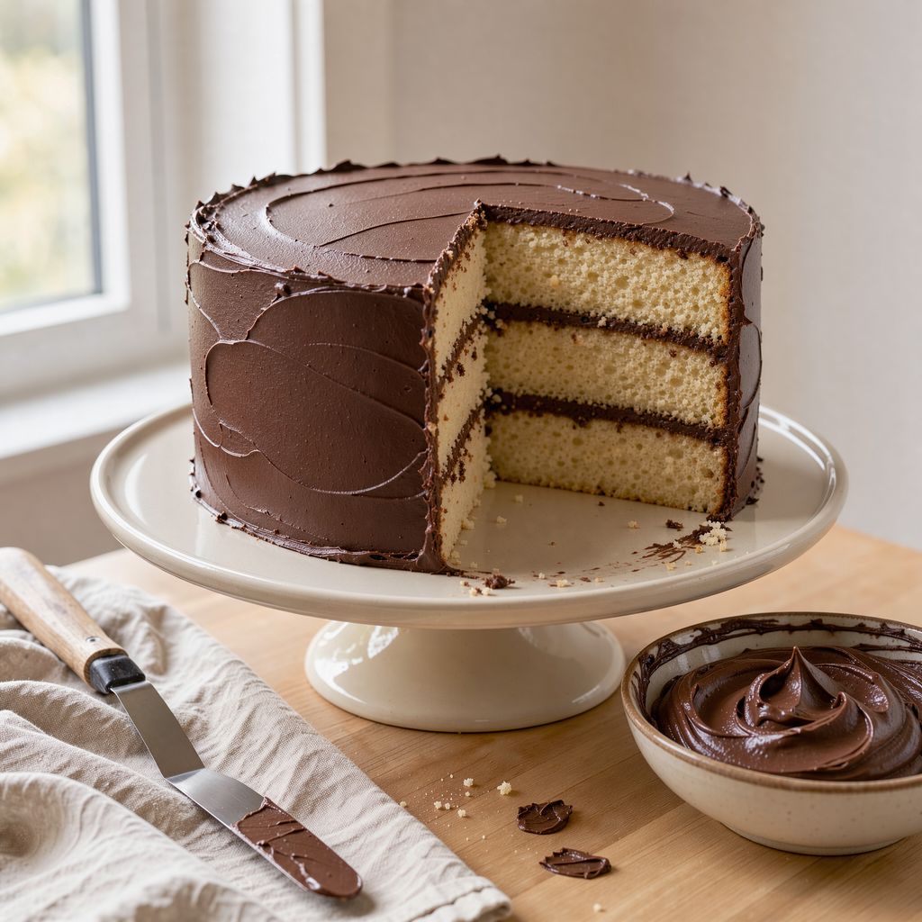 A round layer cake on a cake stand, half its side covered in smooth dark chocolate cream, with an offset spatula resting beside it and a bowl of glossy whipped chocolate cream next to the stand.