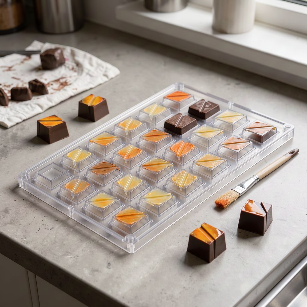 A polycarbonate praline mould on a kitchen counter with its square cavities brushed in streaks of orange and yellow, a small brush resting beside it and a few finished glossy coloured pralines lying next to the mould.