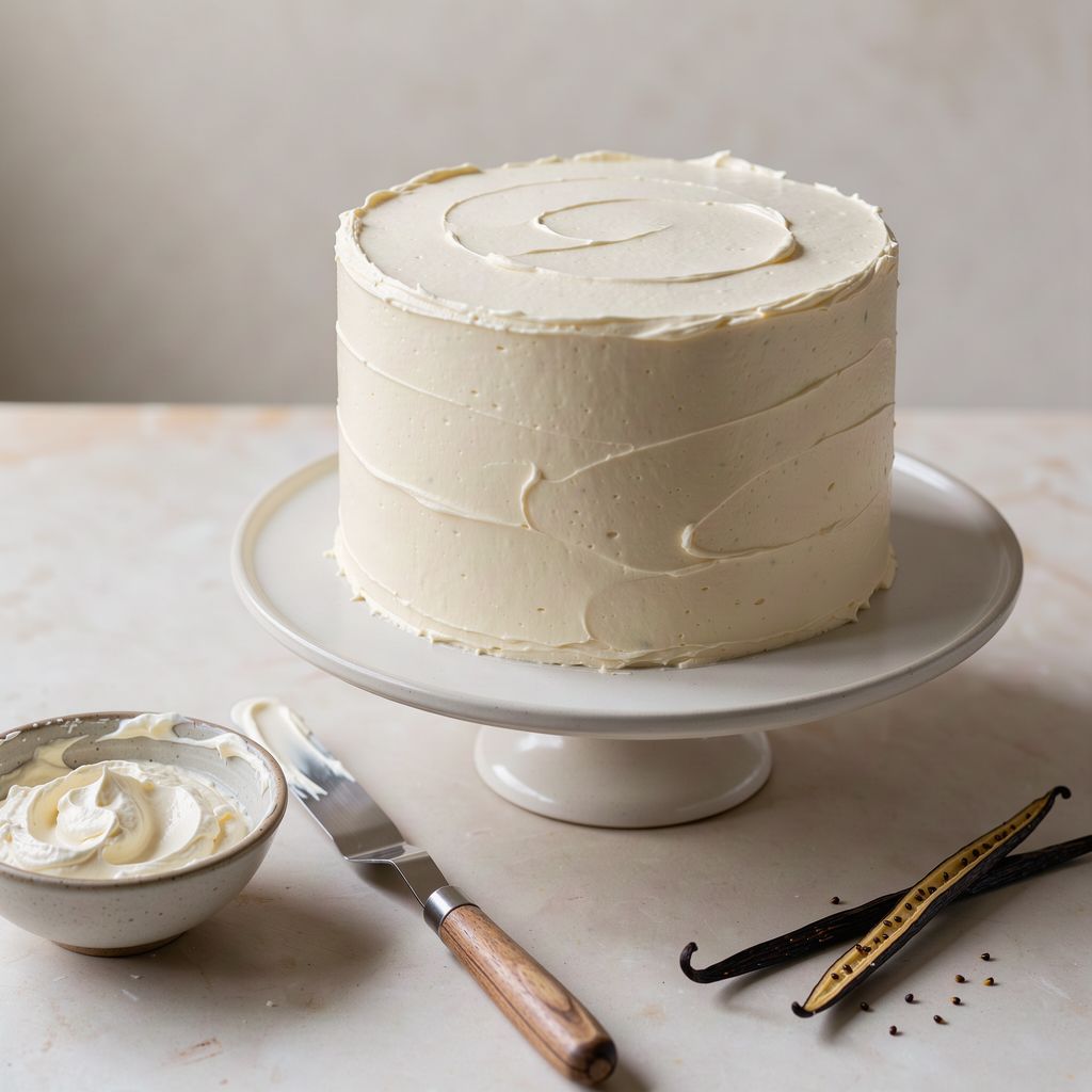 A tall layered sponge cake on a cake stand, its sides smoothly coated in thick ivory cream, with a bowl of whipped cream, a spatula and a split vanilla pod beside it.