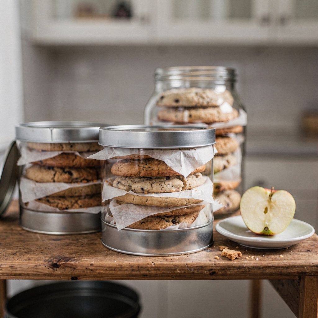 Three round metal tins and one glass jar of Christmas cookies on a wooden pantry shelf, lids resting beside them, cookies stacked in layers separated by sheets of baking paper, a small saucer holding half an apple next to the open tin. Centred composition with calm empty space around it.