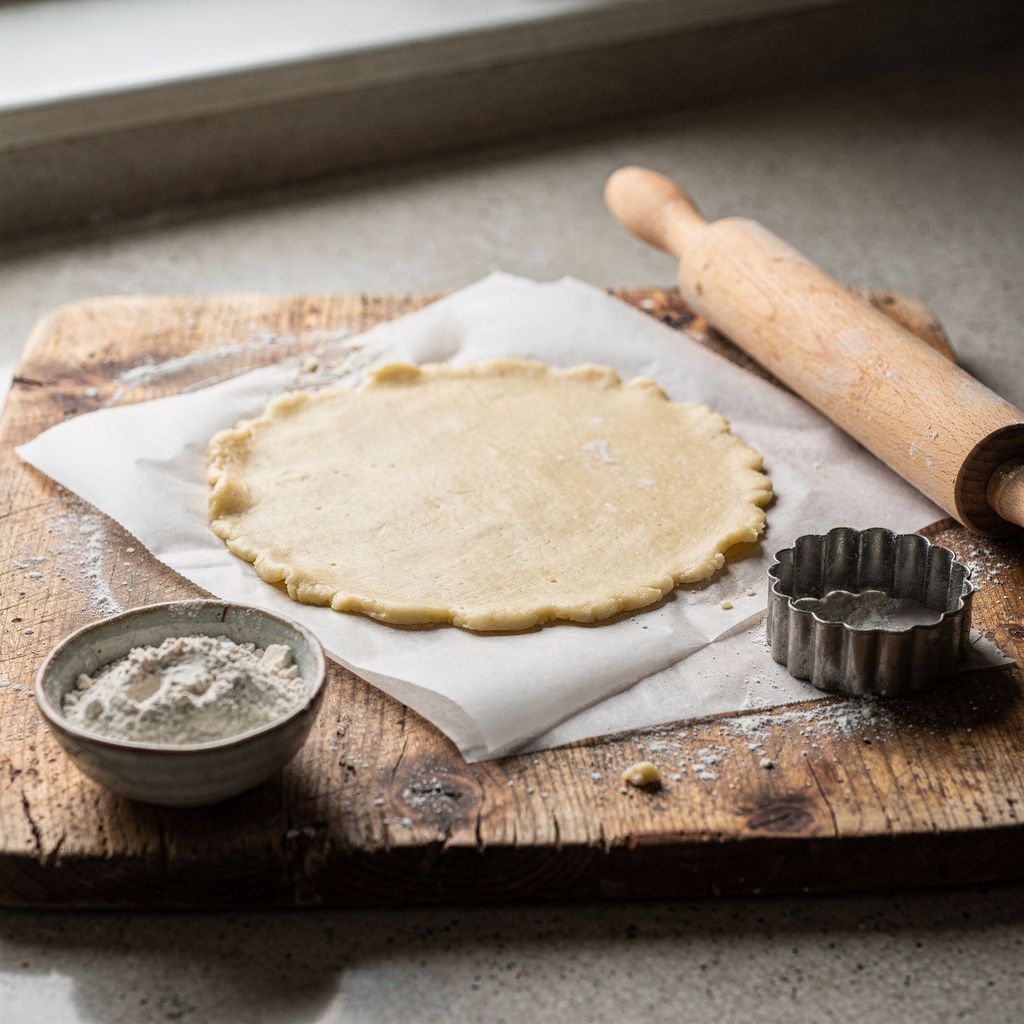 A round disc of pale shortcrust dough resting on a wooden board between two sheets of baking paper, with a wooden rolling pin and a fluted round cutter laid beside it and a small bowl of flour nearby.