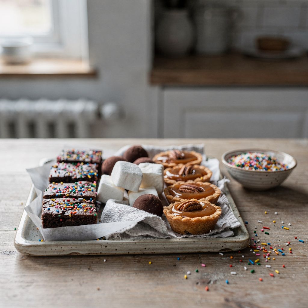 A square tray of bite-sized desserts on a kitchen table: chocolate brownie cubes topped with colourful sugar sprinkles, small round chocolate truffles, mini caramel pecan tartlets and a few pieces of marshmallow, with a small bowl of sprinkles beside the tray.