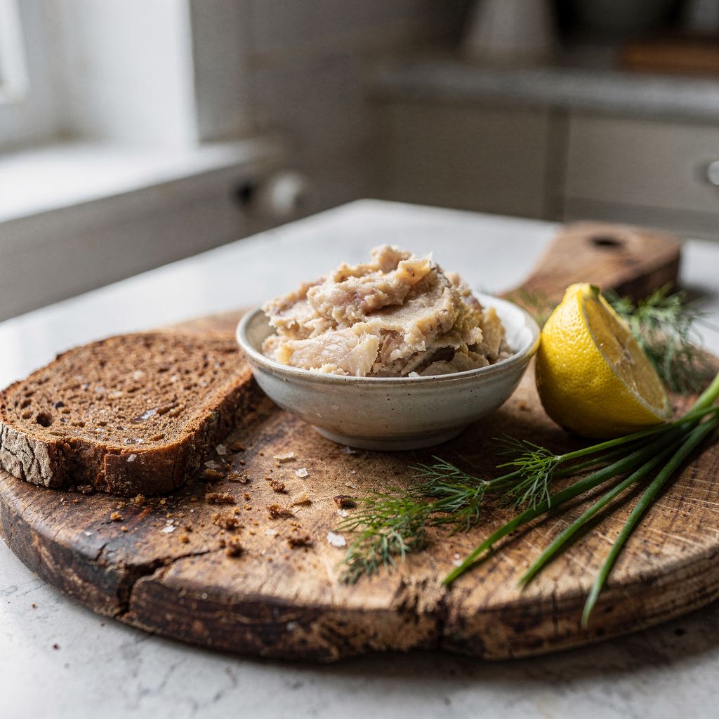 A small ceramic bowl of pale flaked fish spread on a wooden board, surrounded by a slice of dark rye bread, half a lemon, a few sprigs of dill and a bunch of chives, centred with calm empty space around it.