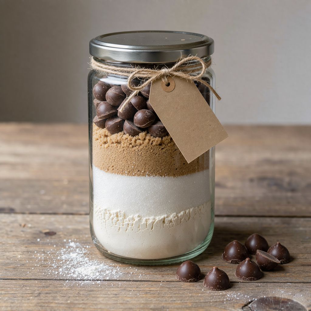 A tall glass jar filled with neat horizontal layers of flour, white sugar, brown sugar and dark chocolate drops, closed with a plain lid and tied with twine and a blank kraft paper tag, standing on a wooden table beside a few scattered chocolate drops.