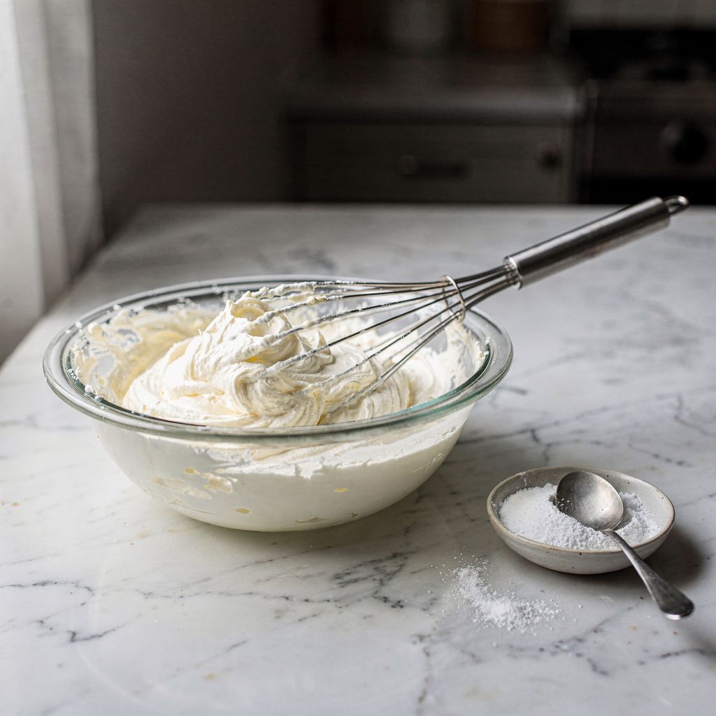 A glass bowl of softly whipped cream on a marble counter with a balloon whisk resting across the rim, a small dish of powdered sugar and a spoon beside it, centred with calm empty space around the bowl.
