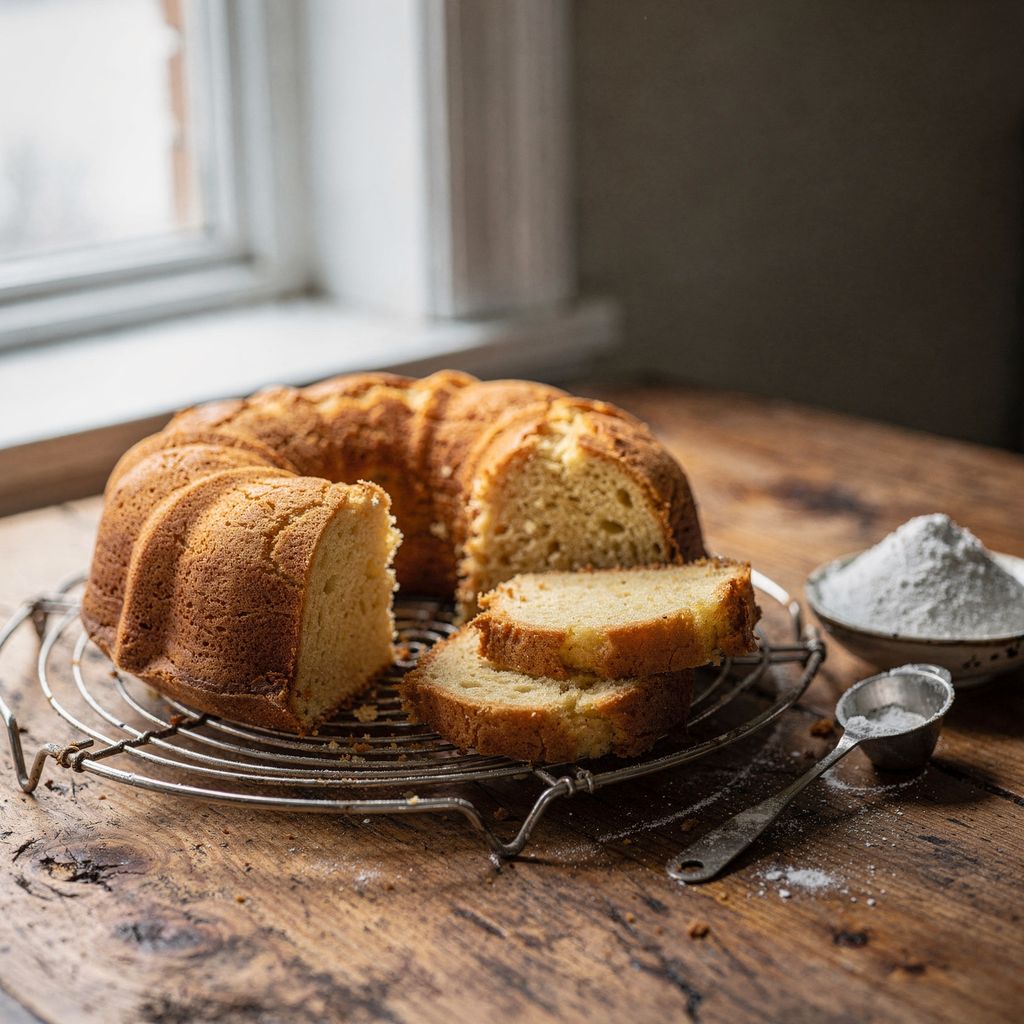 A cut bundt cake on a wire rack showing an even open crumb, with a small bowl of white powder and a measuring spoon beside it on a wooden counter.
