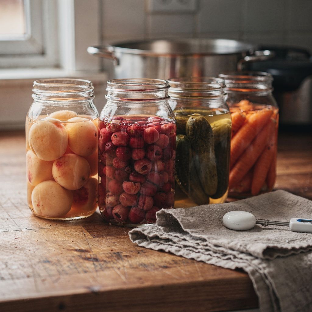Several glass preserving jars filled with fruit and pickled vegetables standing in a row on a wooden kitchen counter, with a large steel pot behind them and a folded cloth and a clip-on thermometer resting beside them.