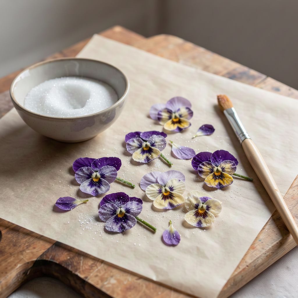 Several sugar-crystallized violets and pansies resting on a sheet of baking paper on a wooden board, a small bowl of fine white sugar and a soft paintbrush beside them, centred with calm space around.