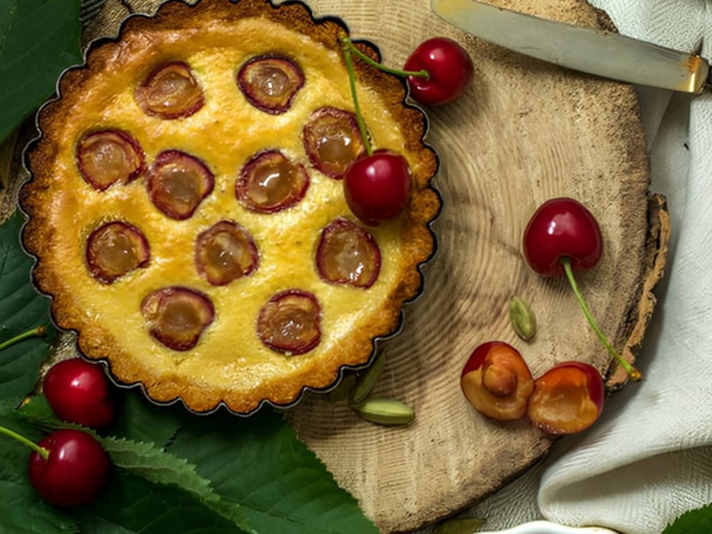Coconut Cardamom Cherry Custard Cake
