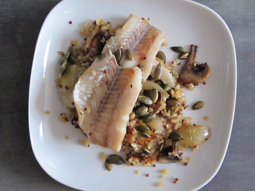 Fish with Bulgur, Mushrooms and Pumpkin Seeds