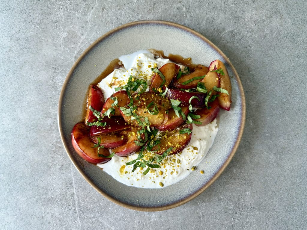 Burrata with Grilled Nectarines and Pistachios