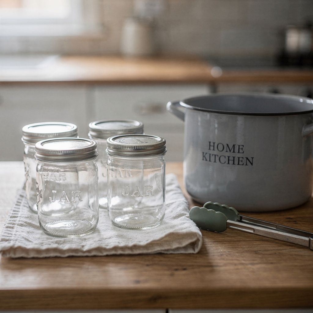 Clean empty glass preserving jars with metal screw lids standing on a folded cloth on a wooden kitchen counter, a large pot and a pair of jar tongs beside them.