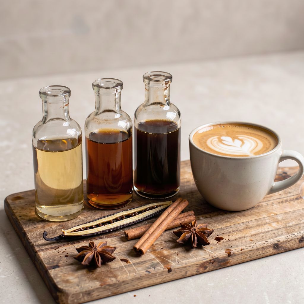 Three small glass bottles of homemade coffee syrup in pale gold, deep amber and dark brown stand on a wooden board next to a cup of latte, a split vanilla pod, two cinnamon sticks and a star anise, centred with calm empty space around them.