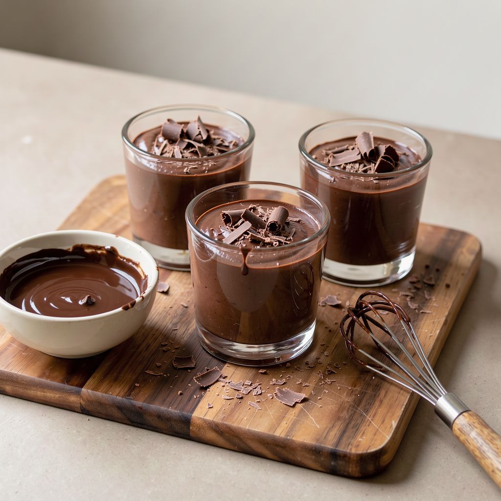 Three small glass tumblers filled with dark chocolate mousse topped with chocolate shavings, standing on a wooden board next to a bowl of melted dark chocolate and a whisk, centred with calm space around them.