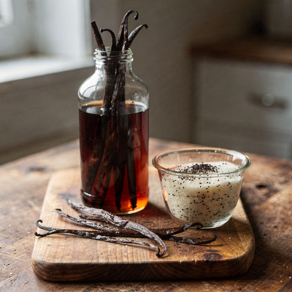 A tall glass bottle of dark amber vanilla extract with whole split vanilla pods standing inside, next to a small jar of sugar speckled with black vanilla seeds and a few loose vanilla pods on a wooden board, centred in a square frame with calm empty space around.