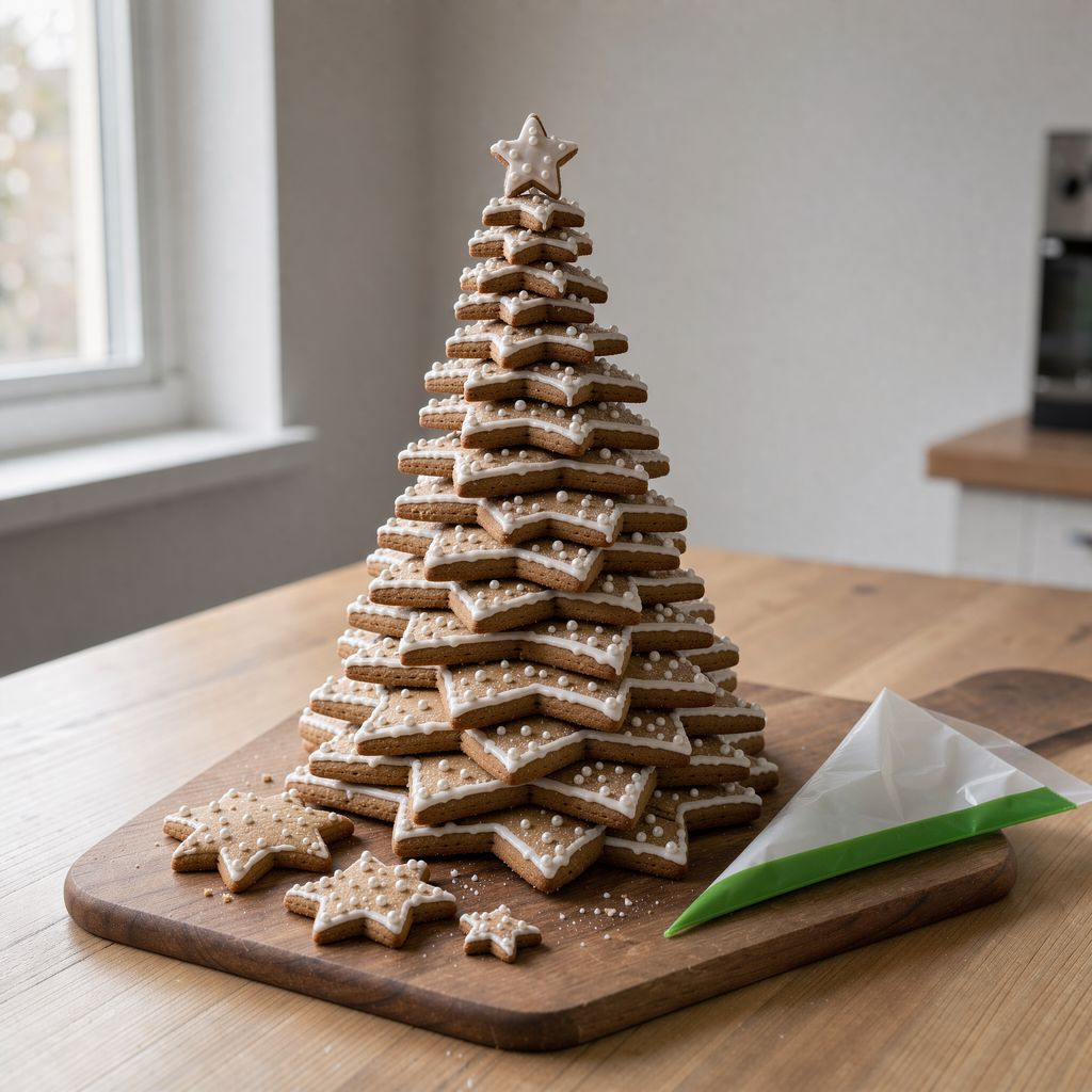 A tall gingerbread tree made of stacked star-shaped cookies of decreasing size, each star rotated so the points spiral upward, edges drizzled with white icing like snow and dotted with small sugar pearls, standing alone on a wooden board with a few loose gingerbread stars beside it.