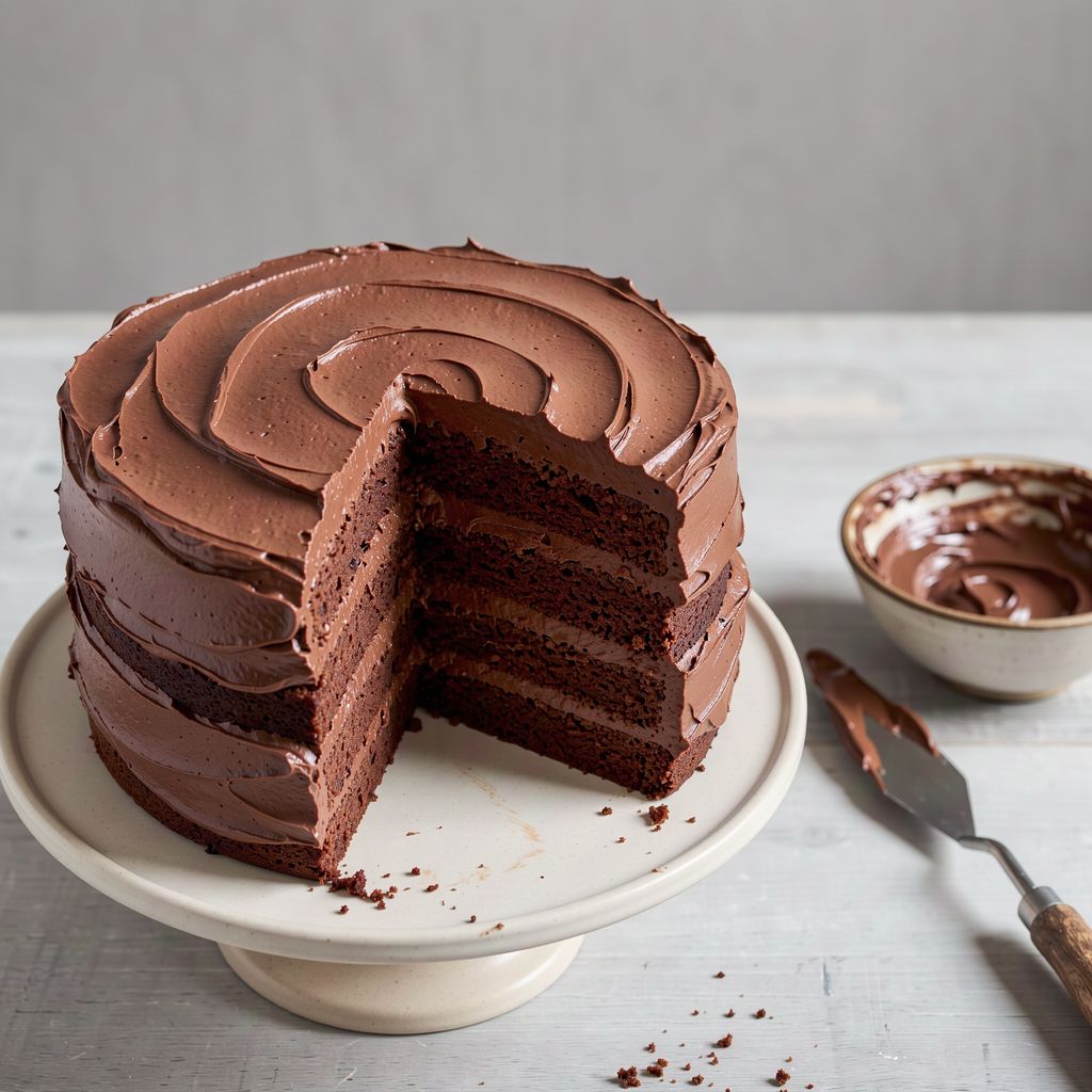 A layered chocolate cake cut open on a cake stand, showing neat thick layers of whipped dark chocolate cream between sponge layers, with a palette knife and a bowl of whipped chocolate cream beside it.