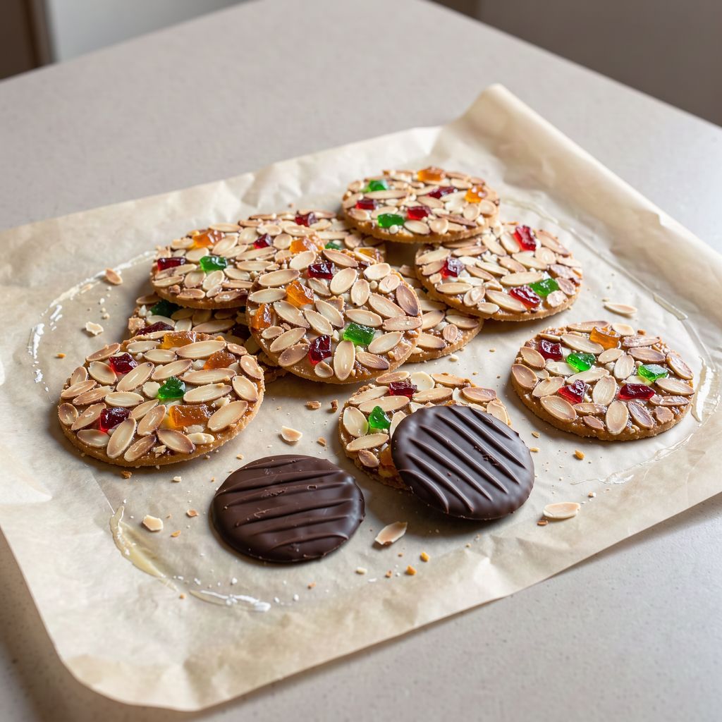 Thin, lacy round almond florentine cookies studded with candied fruit on a sheet of baking paper, a few flipped over to show their dark chocolate undersides with wavy fork lines, centred in a square frame with calm space around them.