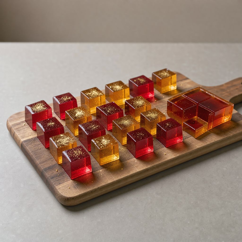 A wooden board with neat rows of glossy translucent red and amber jelly cubes, some dusted with fine gold shimmer, beside a small square jelly tray with a few cubes already cut out, centred with calm empty space around it.