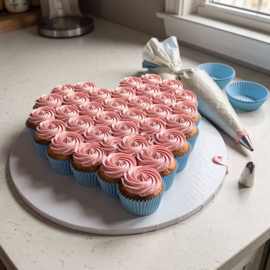 A pull-apart cupcake cake arranged in the shape of a heart on a large white board, the cupcakes packed tightly together and covered in pink piped rosettes so they read as one continuous surface, with a piping bag resting beside it.
