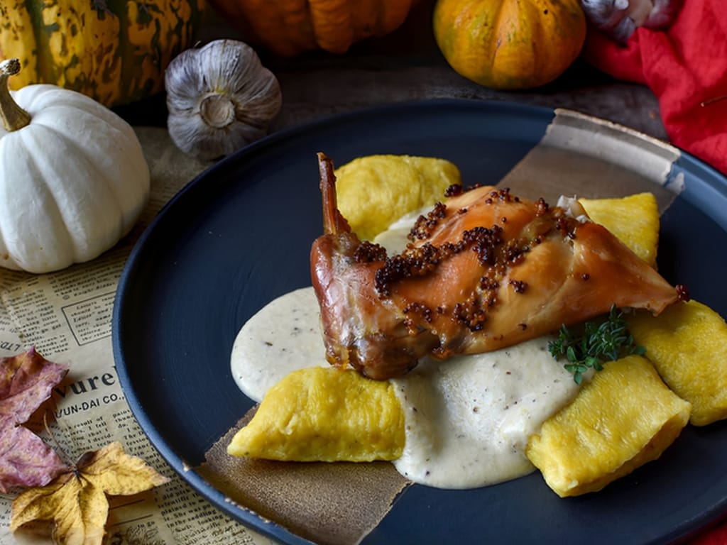 Roast Rabbit with Wholegrain Mustard and Pumpkin Purée