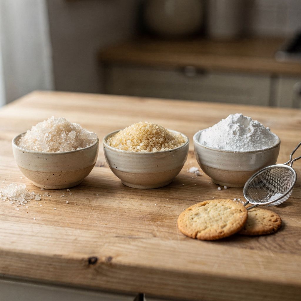 Three small ceramic bowls of sugar arranged in a row on a light wooden counter — coarse sparkling crystals, medium grains, and fine white powder — with a small sieve and two plain butter cookies beside them, centred with calm empty space around.