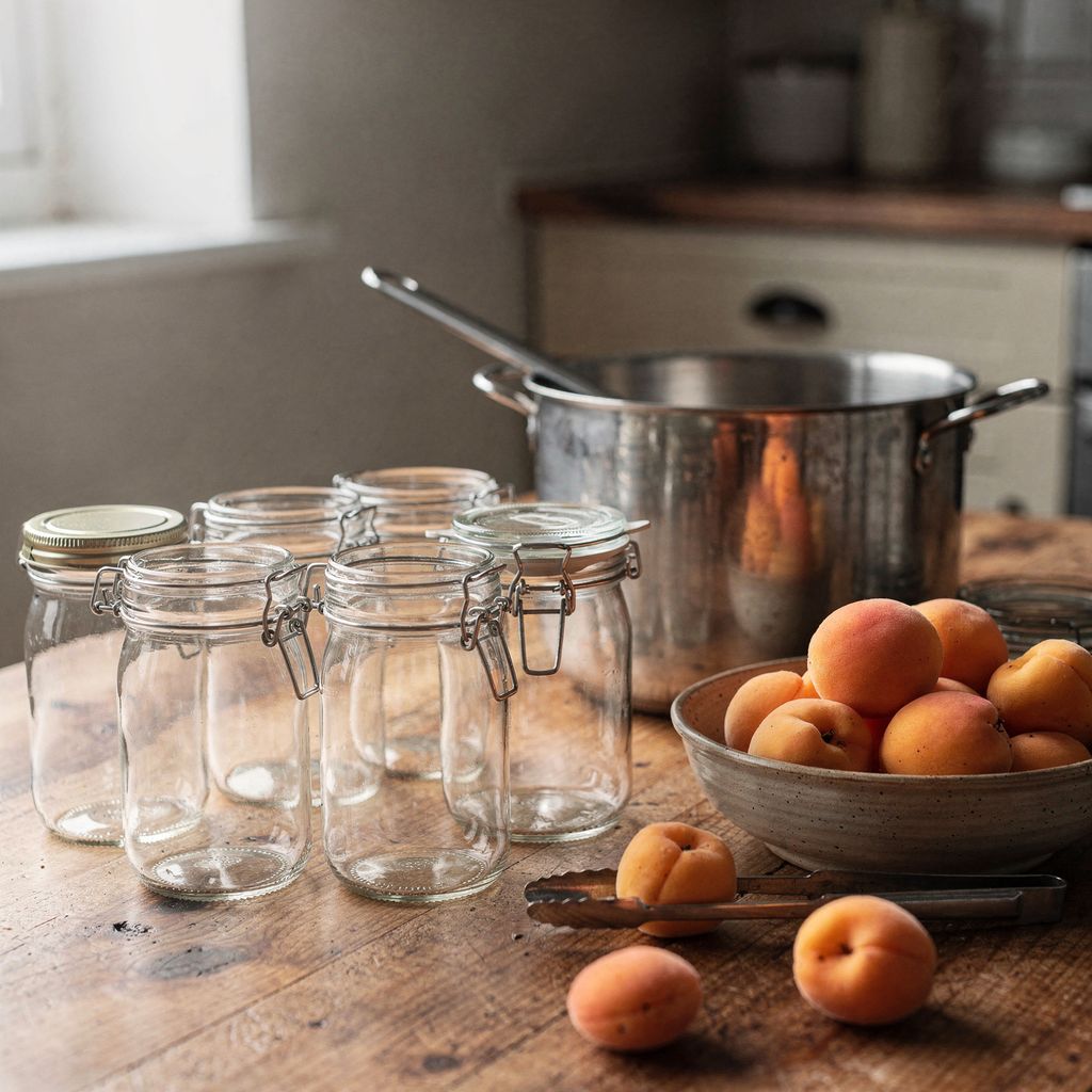 Rows of empty glass preserving jars with metal screw lids and rubber-sealed clip jars arranged on a wooden kitchen table beside a large pot, a ladle, metal tongs and a bowl of fresh apricots.